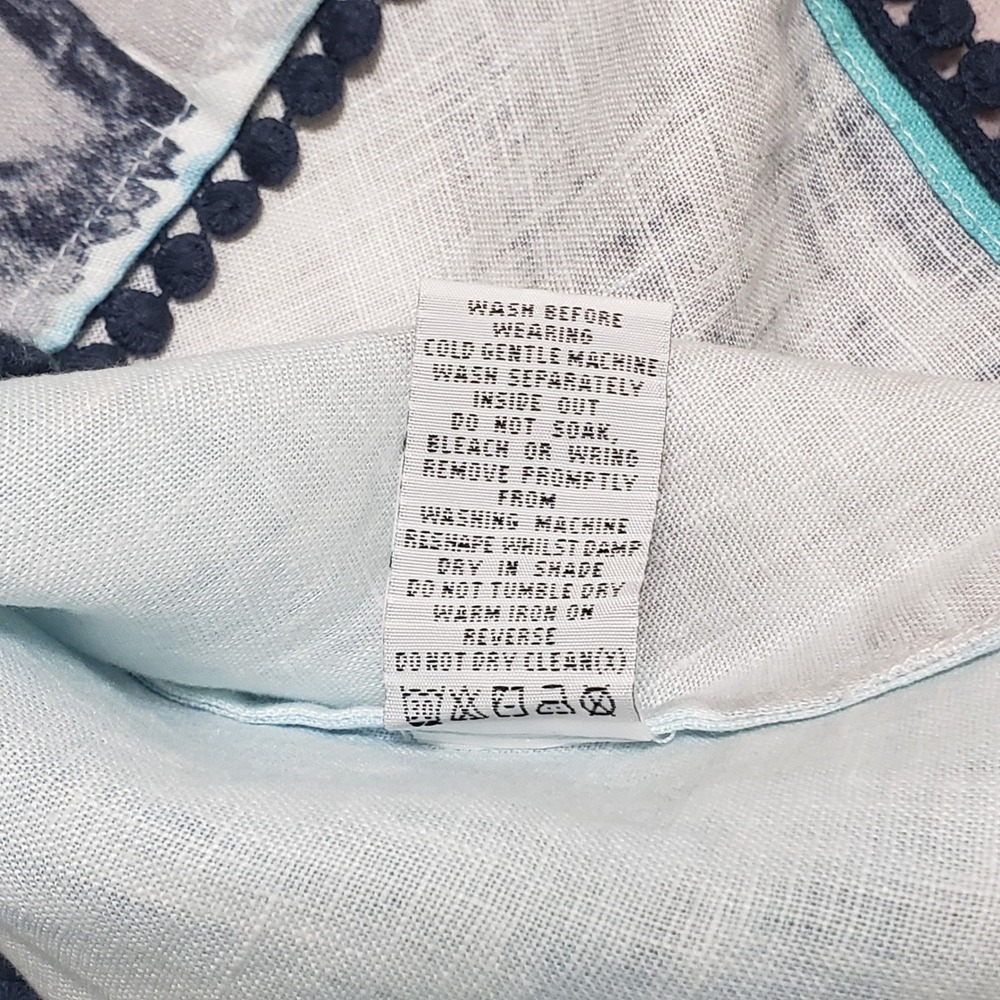 FOIL 100% Linen Abstract Block Print Shift Dress Blue Pom Pom Hem Sz 14 - Picture 7 of 11
